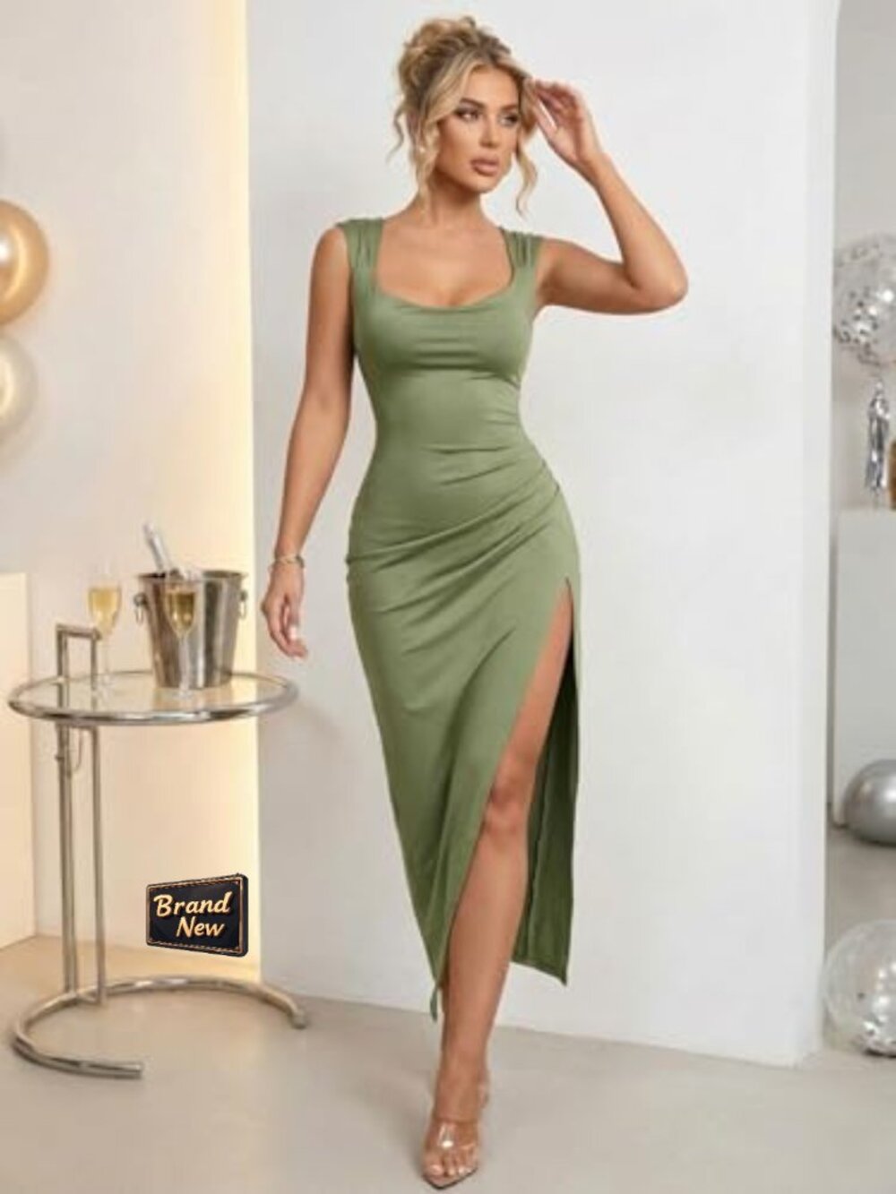 Backless Ruched Bodycon Dress High Slit Scoop Neck Bow Tie Midi Formal Prom - Picture 5 of 5